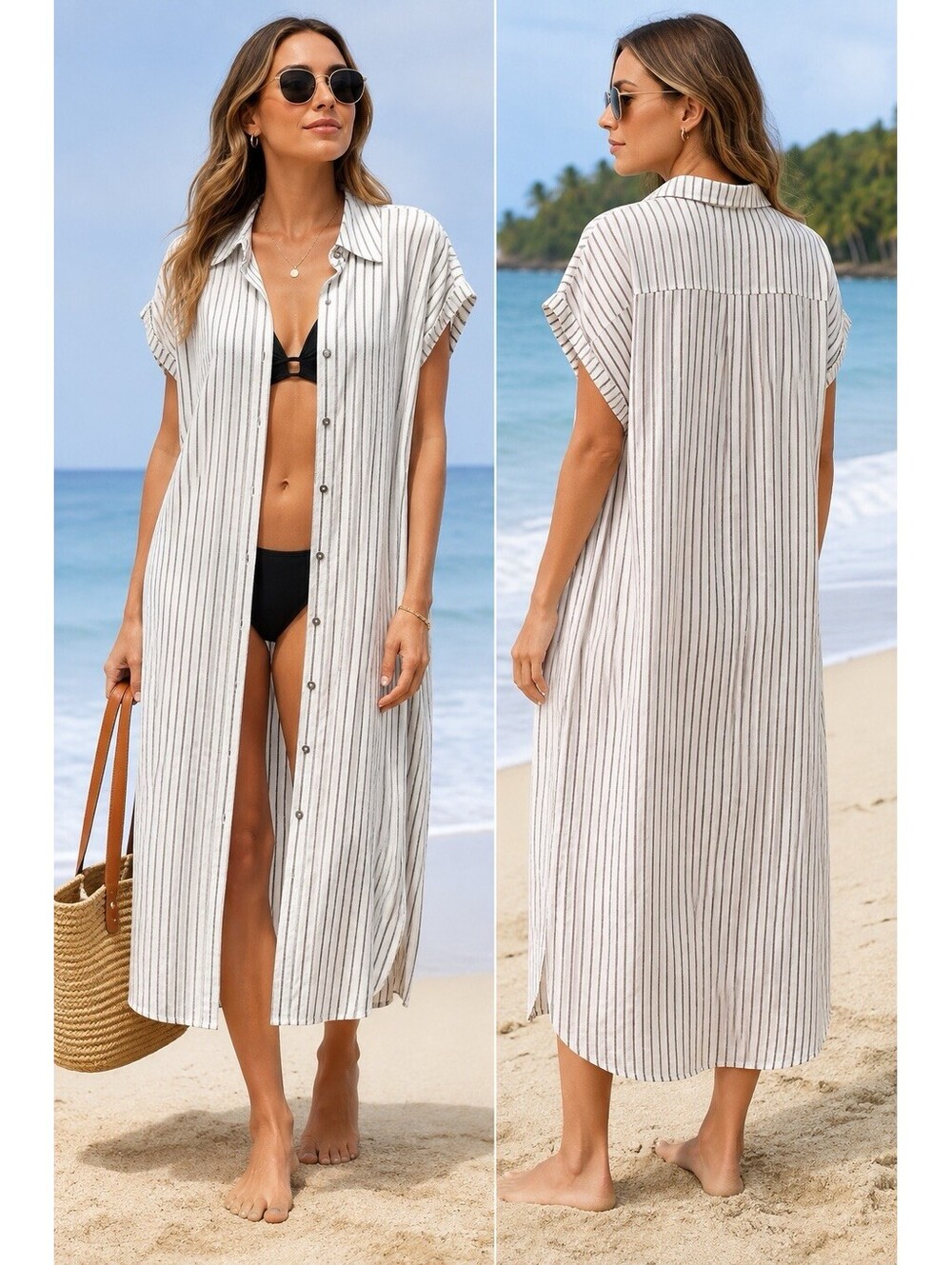 CALIA Women’s Yucatan Stripe Swim Cover Up Button Down Maxi NWT M $88